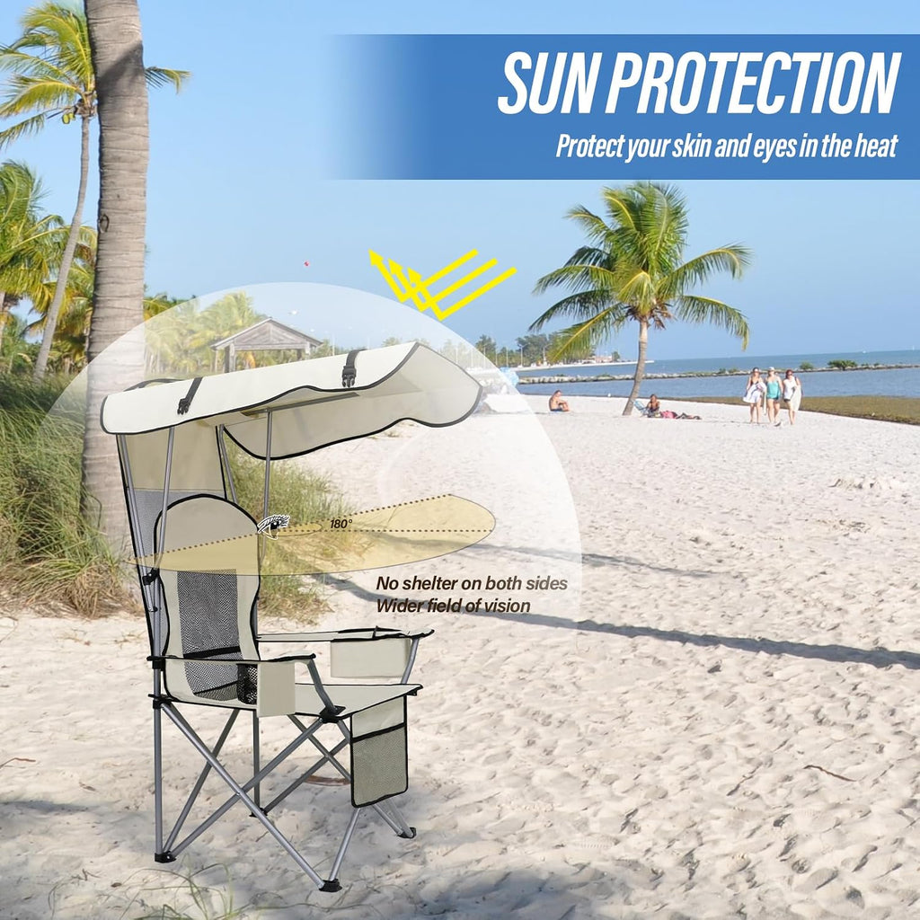 Beach Chair with Canopy Shade, Folding Camping Chair Support to 330LBS, Outdoor Chair with Cup Holder & Cooler Bag for Travel Hiking