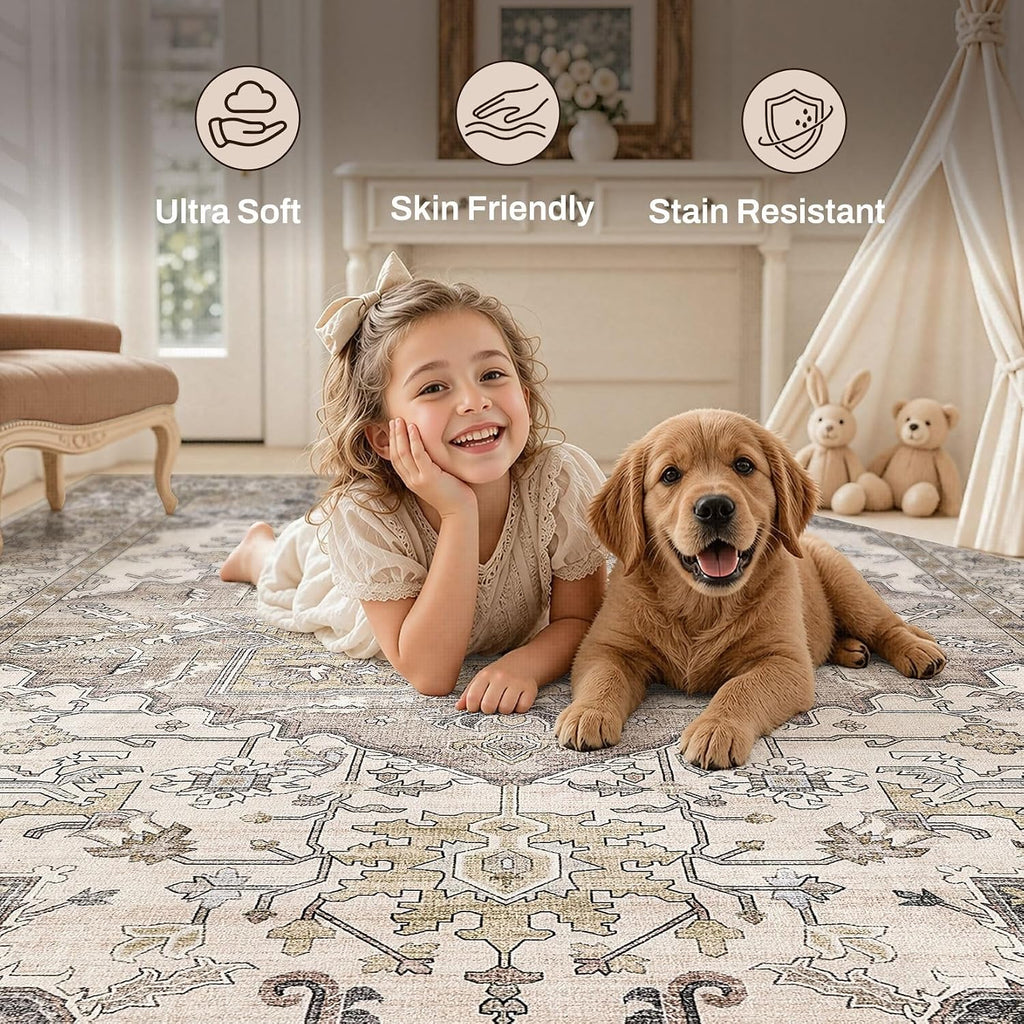 8x10 Area Rugs for Living Room: Washable Soft Brown Neutral Rug