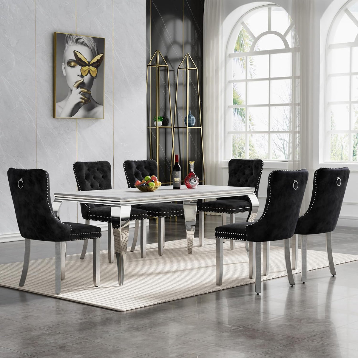 Henf 7 Piece Marble Dining Table Set for 6, 68" Modern Kitchen Dining Room Table and Black Chairs Set for 6, White Silver Dinner Table Set for 6 with Mirrored Stainless Steel Legs for Dining Kitchen