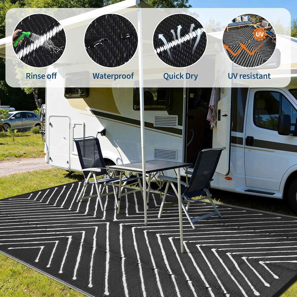Garvee 5x8 Black and White Striped Outdoor Waterproof Rug Reversible Plastic Straw Patio Mat, Portable RV Camping Rug Quick Dry for Picnic, Beach, Balcony, Deck UV Protected & Lightwight, Black&White