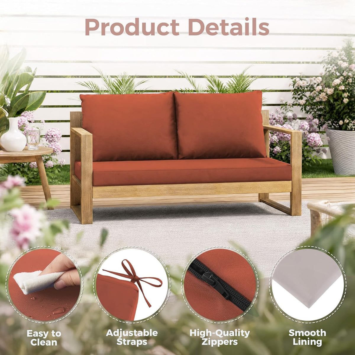 Outdoor Loveseat Cushions, 46×26×4 Inch, Waterproof, Spice