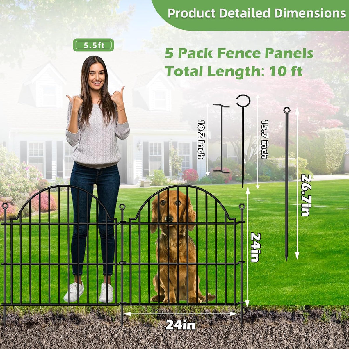 5 Panels No Dig Decorative Small Garden Fence with Gate, 24in (H) x10ft(L)