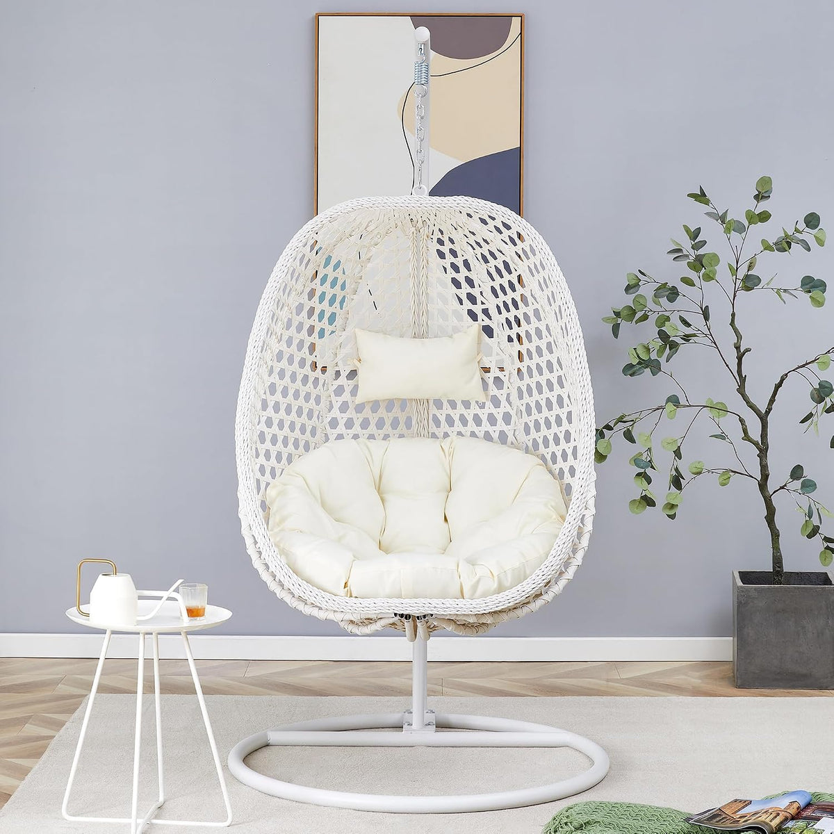 JUFU Egg Chair with Stand, Indoor and Covered Outdoor Hanging Egg Swing Chair with Removable Cushion and Headrest, 350 lb Capacity for Patio, Balcony, Porch, Bedroom, White