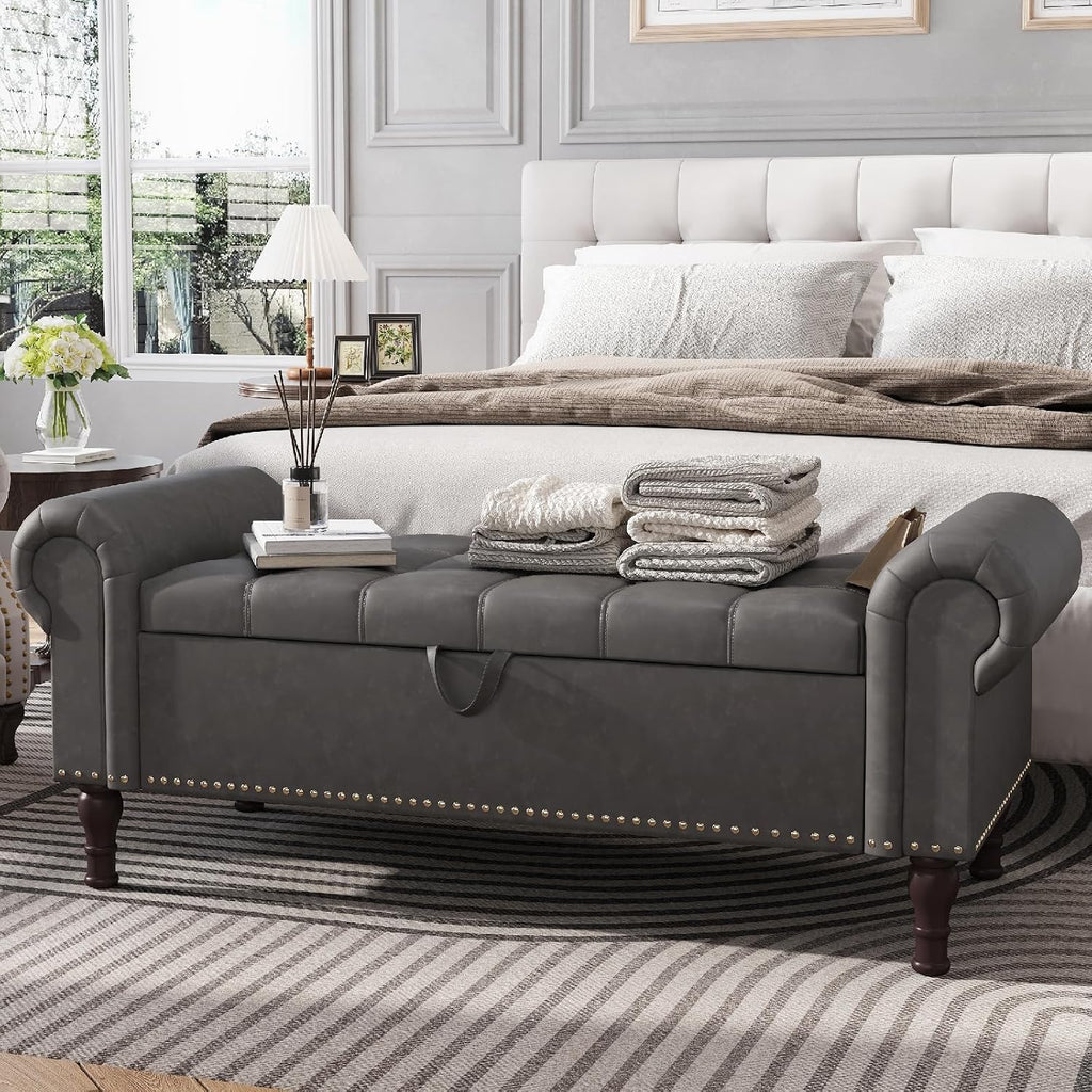 Apicizon Storage Bench for Bedroom, Upholstered End of Bed Bench, 51" Gray