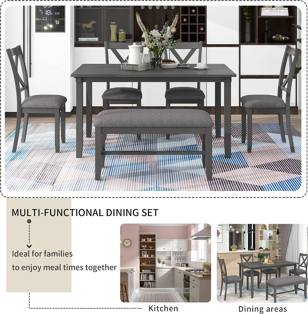 Merax 6-Piece Farmhouse Dining Table Set, 60" Solid Wood Rectangular Kitchen Table with 4 Upholstered Chairs & 1 Bench, Dining Room & Living Room Furniture, Gray