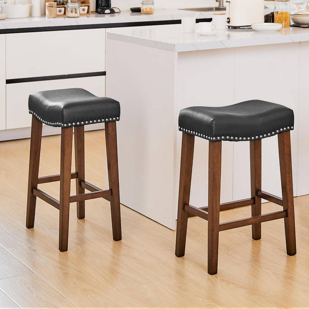 PrimeZone 26 Inch Solid Wood Saddle Backless Bar Stools Set of 2, Black