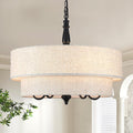 21.25" Modern Farmhouse Drum Chandelier, 5-Light Matte Black Pendant Light Fixture with Double Tiered Linen Shade, Rustic Hanging Lighting for Dining Room, Kitchen Island & Foyer