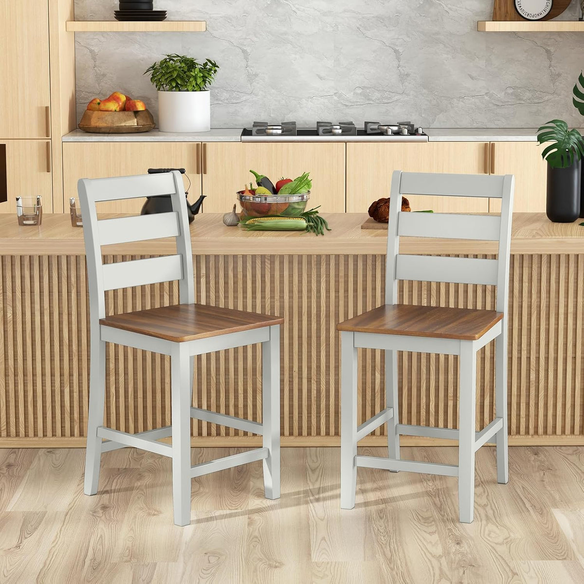 COSTWAY 24'' Wooden Counter Height Chairs Set of 2 with Ladder Back Support