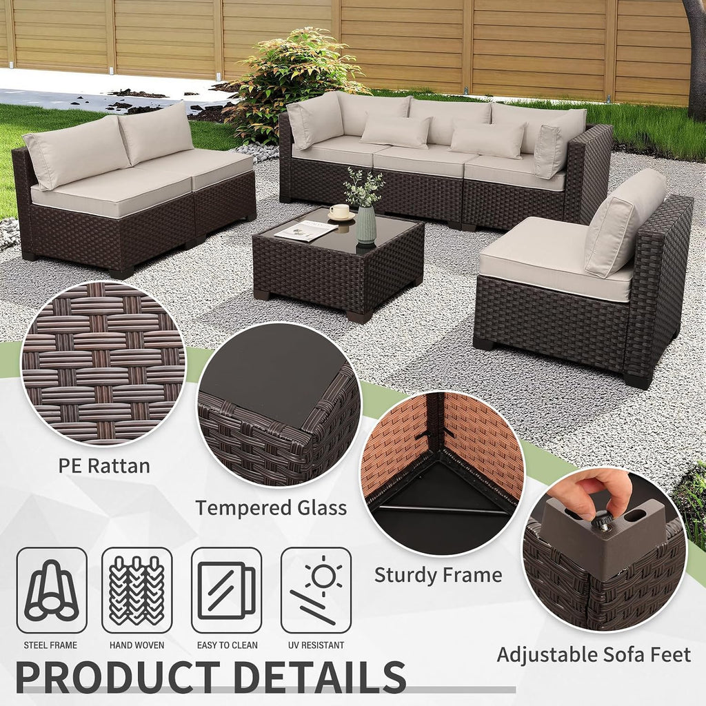 WAROOM Outdoor Patio Furniture Set 7 Pieces Wicker Sectional Sofa Brown Rattan Conversation Couch with Coffee Table, Anti-Slip Thick Beige Cushion