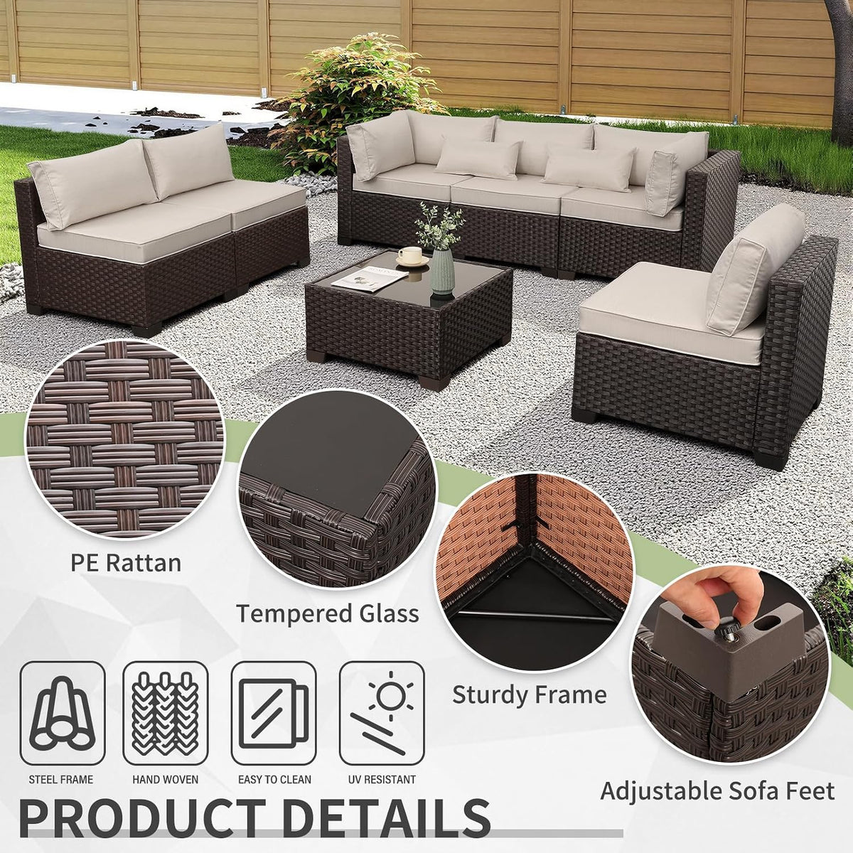 WAROOM Outdoor Patio Furniture Set 7 Pieces Wicker Sectional Sofa Brown Rattan Conversation Couch with Coffee Table, Anti-Slip Thick Beige Cushion
