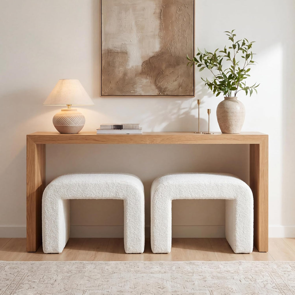 Tribesigns Set of 2 Modern Vanity Stool, Sherpa Upholstered Foot Stool Ottoman, Large Foot Rest for Couch, Shoe Bench for Entryway, Extra Seating for Living Room, Bedroom, No Assembly, White