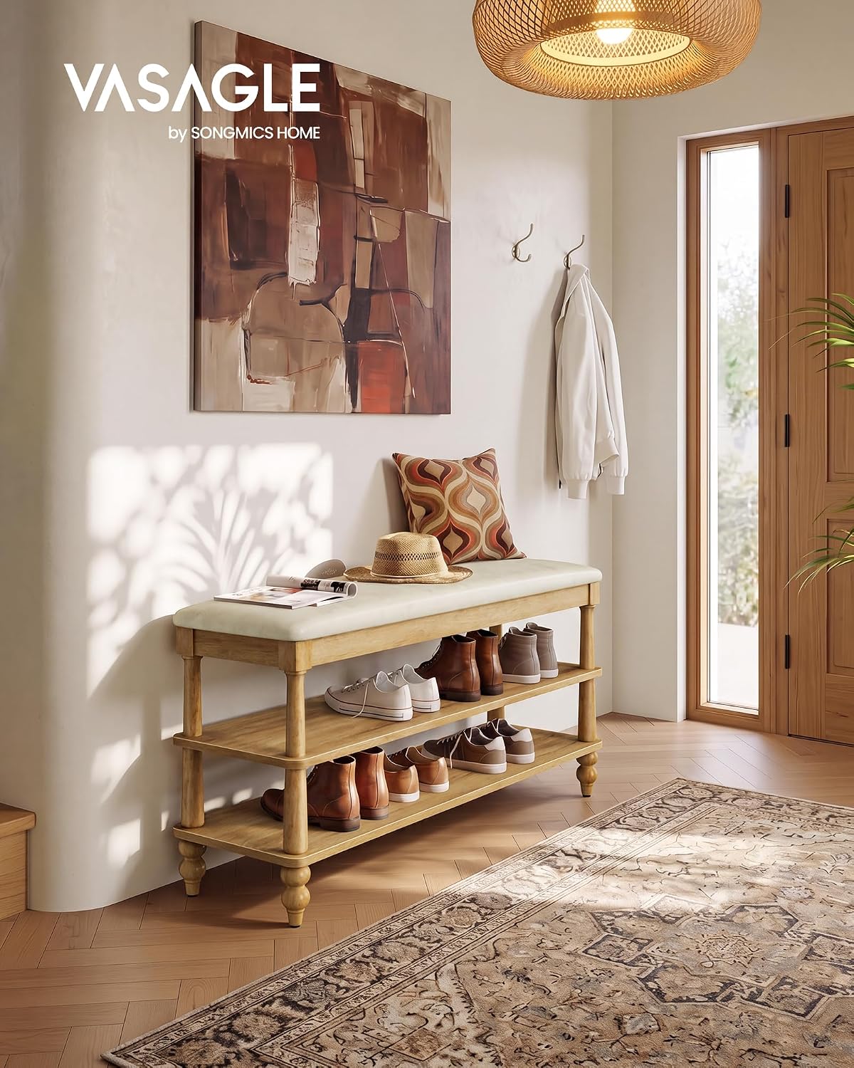 VASAGLE 2-Tier Shoe Bench, Wooden Entryway Bench, 39.4 Inches Width
