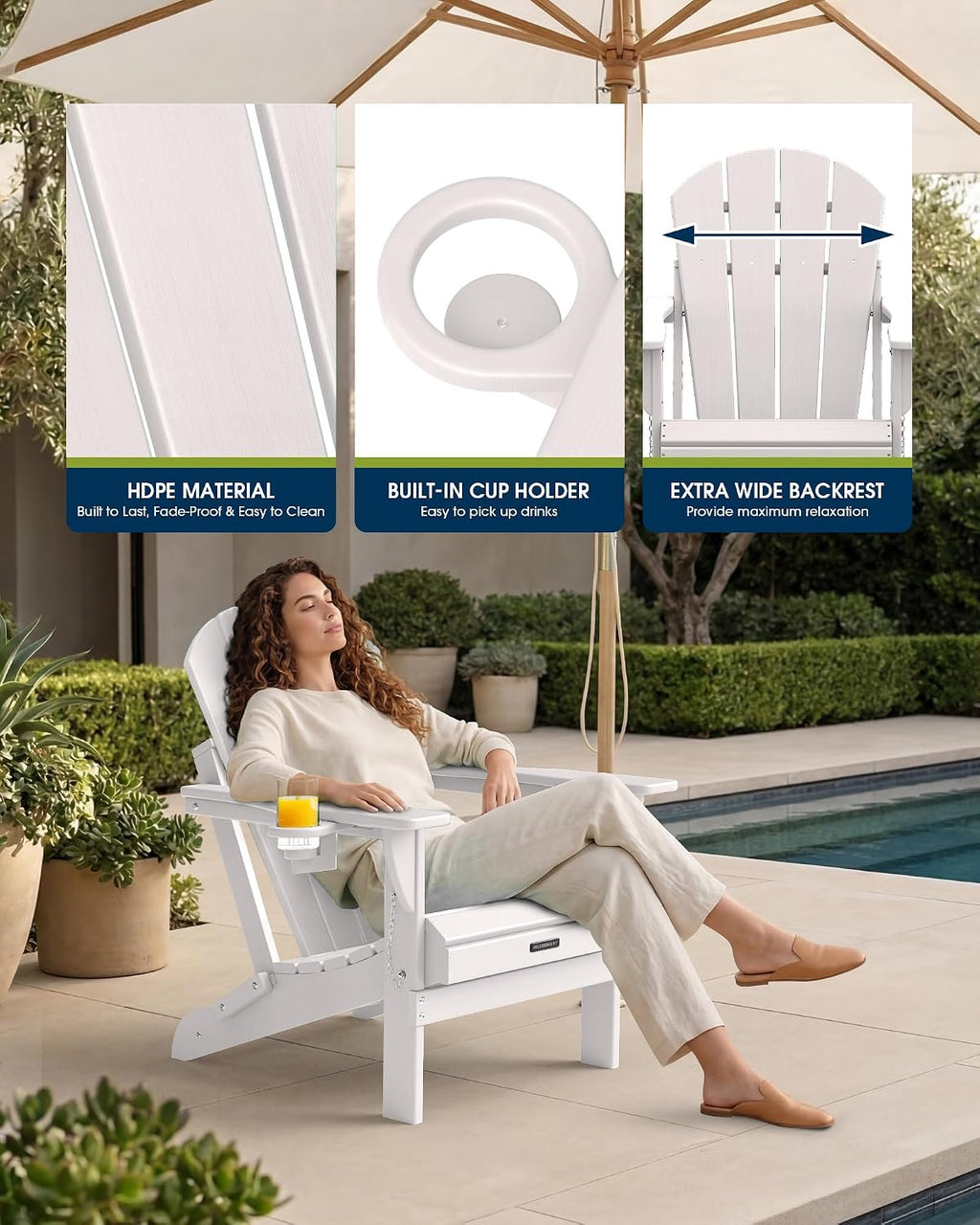 MUCHENGHY Folding Adirondack Chairs Set 2, HDPE for Fire Pit, White (Set of 2)