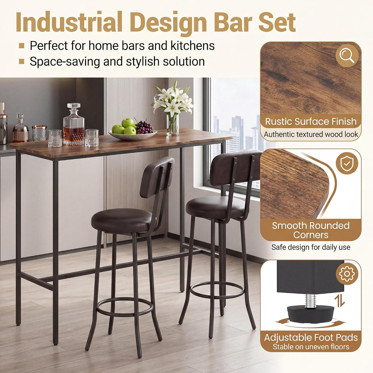 GIANTEX 3-Piece Bar Table and Chairs Set, Counter Height Pub Table and 2 Upholstered Stools with Backrest & Footrest, Space-Saving High Top Bistro Table Set for Breakfast Nook, Small Space