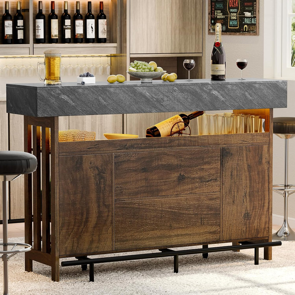 Loomie 63" Brown Bar Table Cabinet with LED, Drawers & Footrest for Home