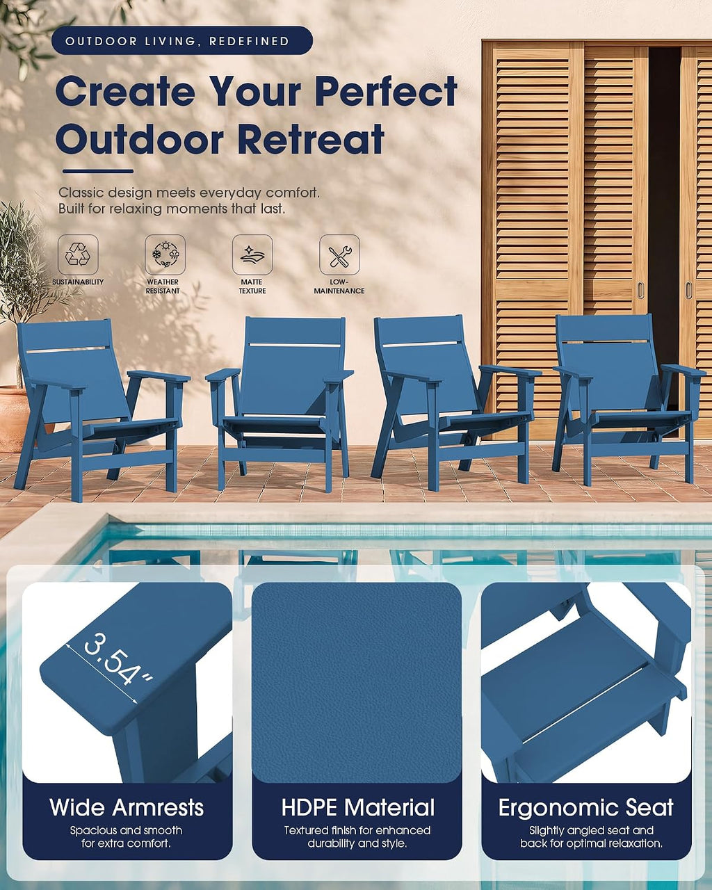 KINGYES Modern Adirondack Chair, Slateless Design, Navy