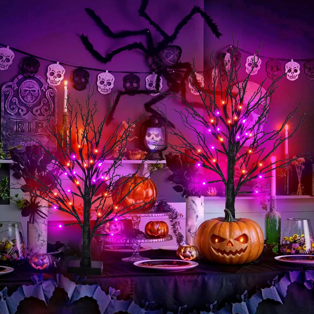 2 Pack 24 Inch Black Halloween Tree with 24 LED Orange Purple Lights, USB Bat...