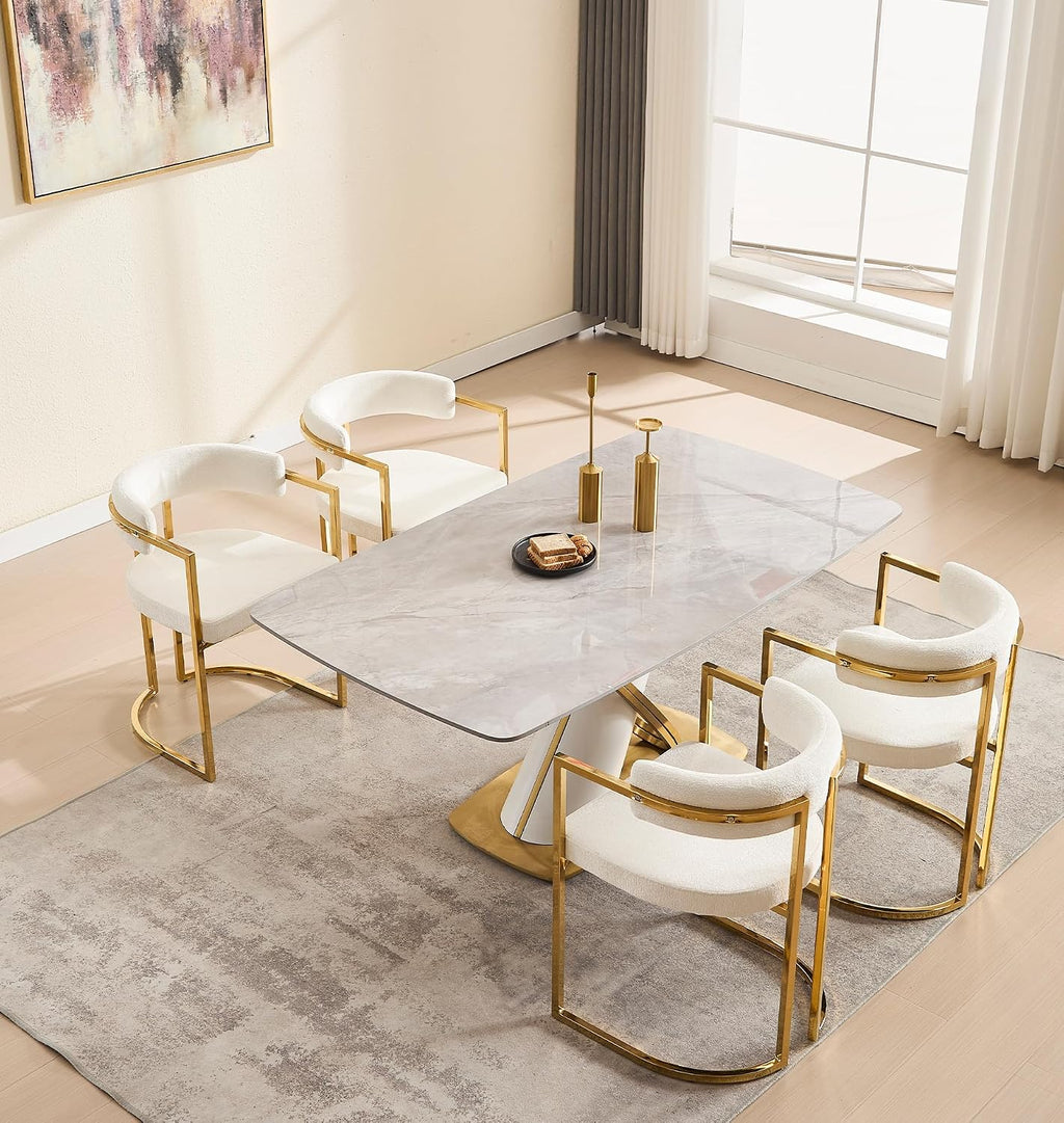 Hyfirm Boucle Dining Chairs Set of 4, Modern Barrel Upholstered Dining Room Chairs with Armrests Gold Metal Legs, Accent Kitchen Chair for Restaurant Living Room, White
