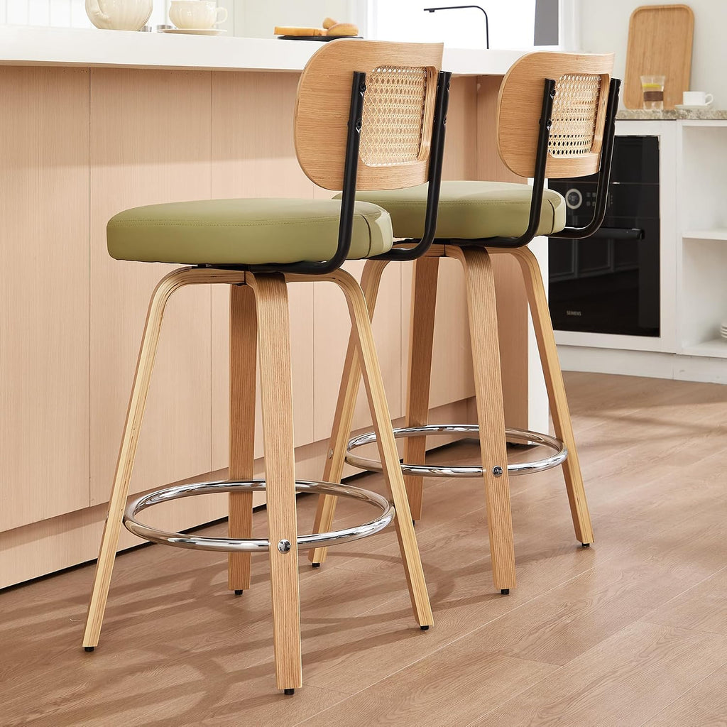 Rattan Bar Stools Set of 2,Upholstered PU Leather, 26‘’ Counter Height Barstools with Back and Wood Legs,360°Swivel,Mid-Century Modern Bar Stool for Kitchen Island Dining Room and Bar(Grass Green)