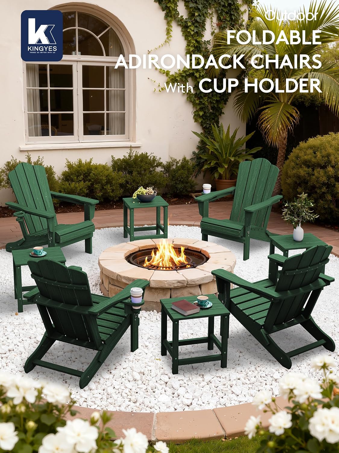 KINGYES Folding Adirondack Chair Set of 6 with Cup Holder, Green