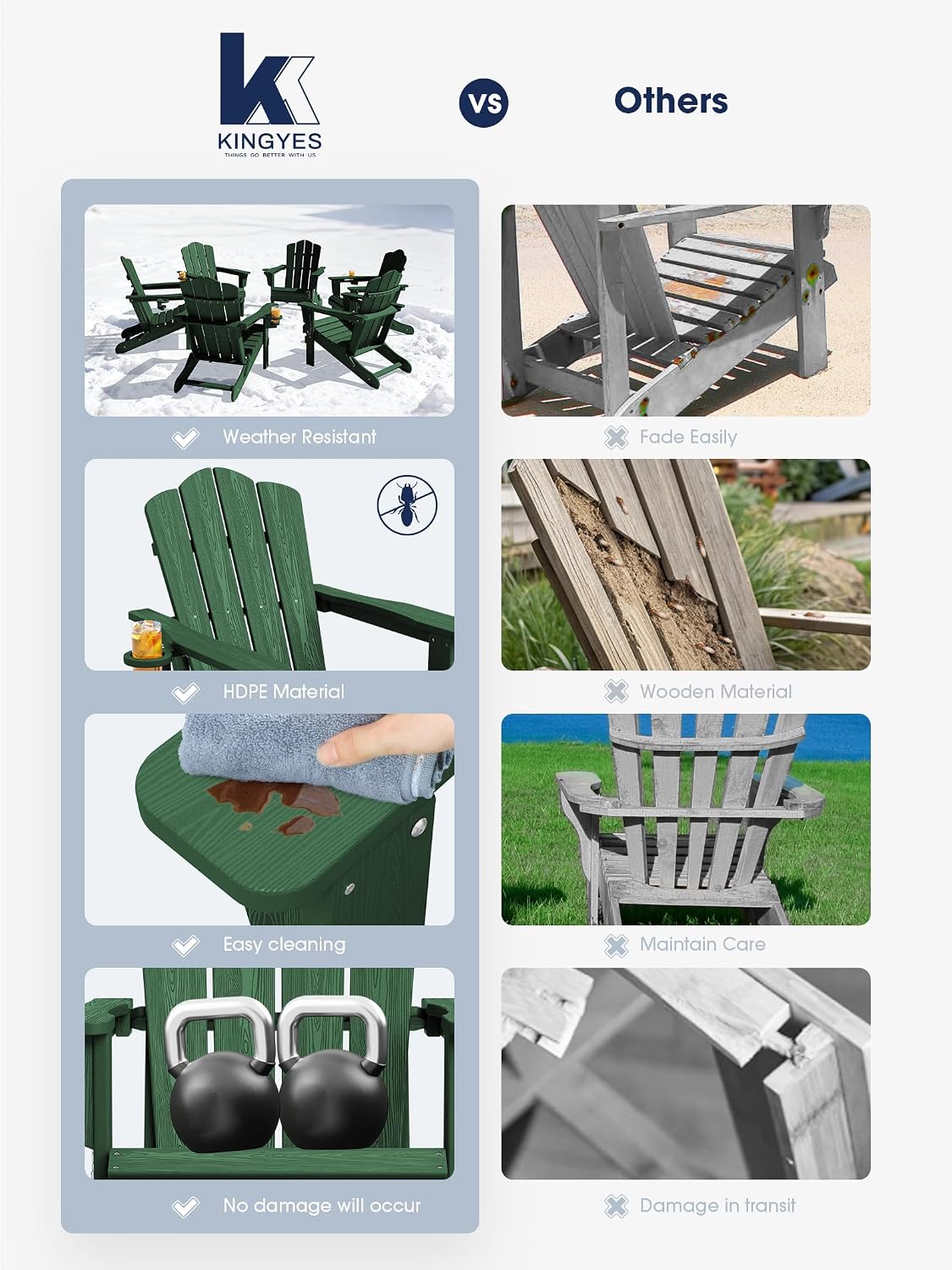 KINGYES Folding Adirondack Chair Set of 6 with Cup Holder, Green