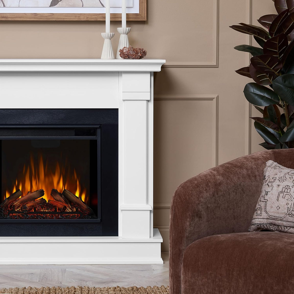 Real Flame Silverton 48” Electric Fireplace with Mantel for Living Room or Bedroom, Replaceable Fireplace Insert Heater, Realistic Log and Flame Effect, Remote Control, Timer, White