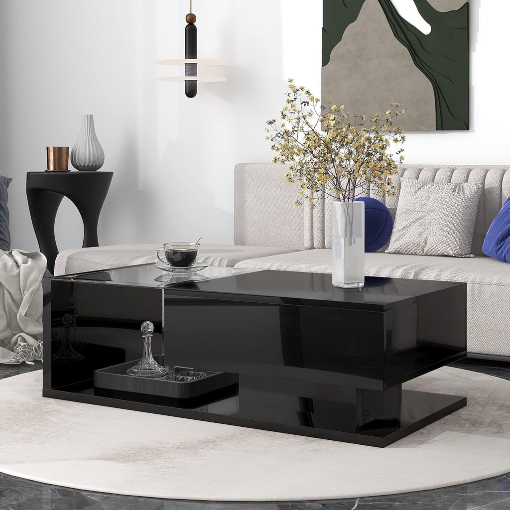 Modern Coffee Table with Tempered Glass, Wooden Cocktail Table with High-Gloss UV Surface, Modernist 2-Tier Rectangle Center Table for Living Room, Black