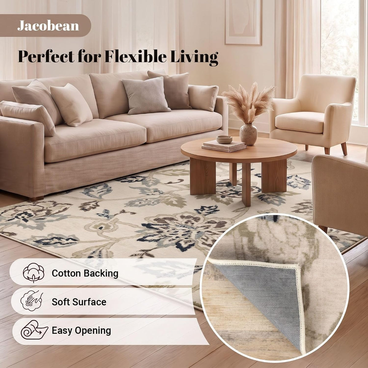 superior indoor large area rug, modern floral decor showing dimensions