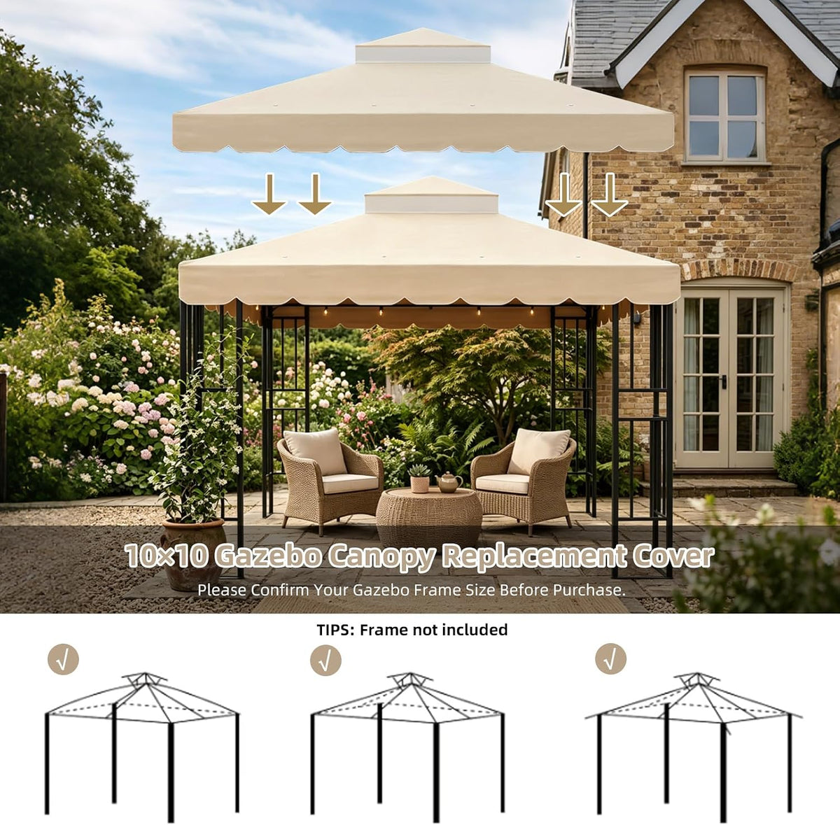 10x10 ft gazebo replacement canopy top cover, double showing dimensions
