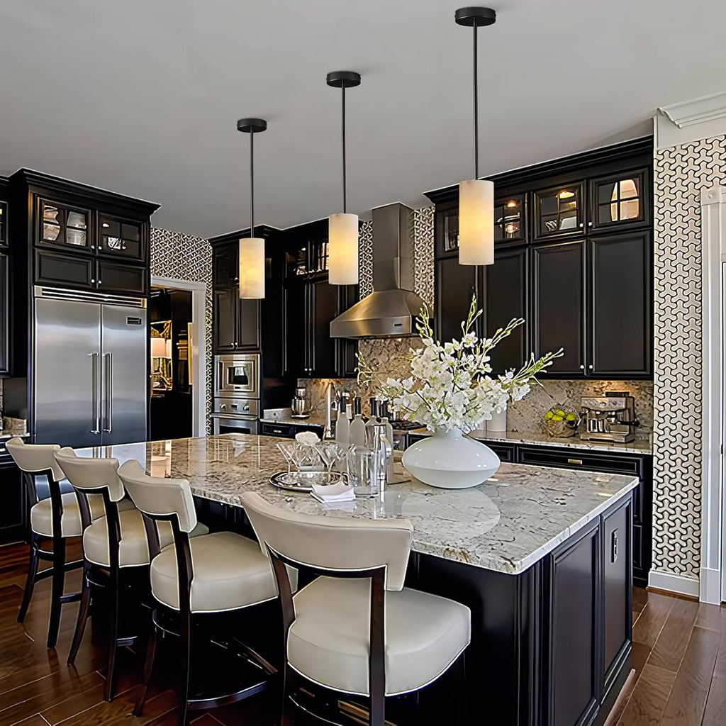 Alabaster Pendant Lights Kitchen Island, Black Hand Carved Alabaster Cylinder Pendent, Spanish Natural Marble Light Pendant for Bedroom Bathroom Dining Room Living Room- 3 PC