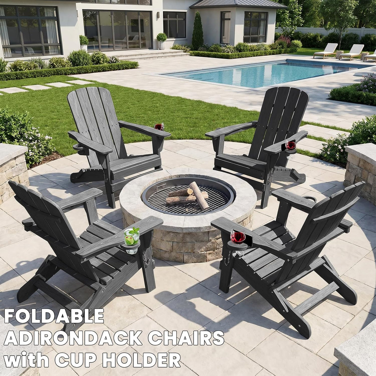 Folding Adirondack Chair with 2 Cup Holder, HDPE Plastic Patio Chairs
