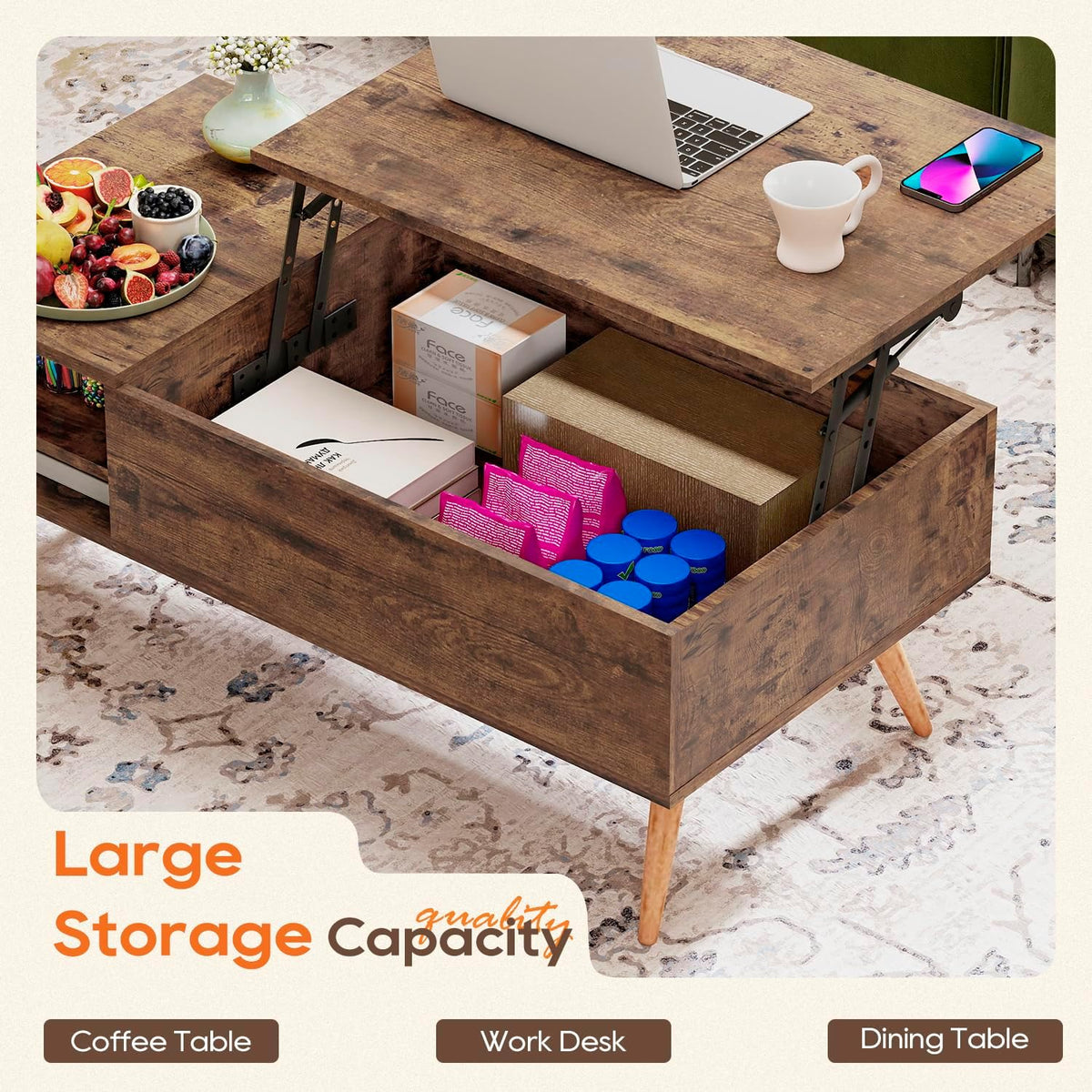 FDW Modern Lift Top Coffee Table Wooden Small Coffee Table with Storage Shelf Hidden Compartment for Living Room Home Office,Brown