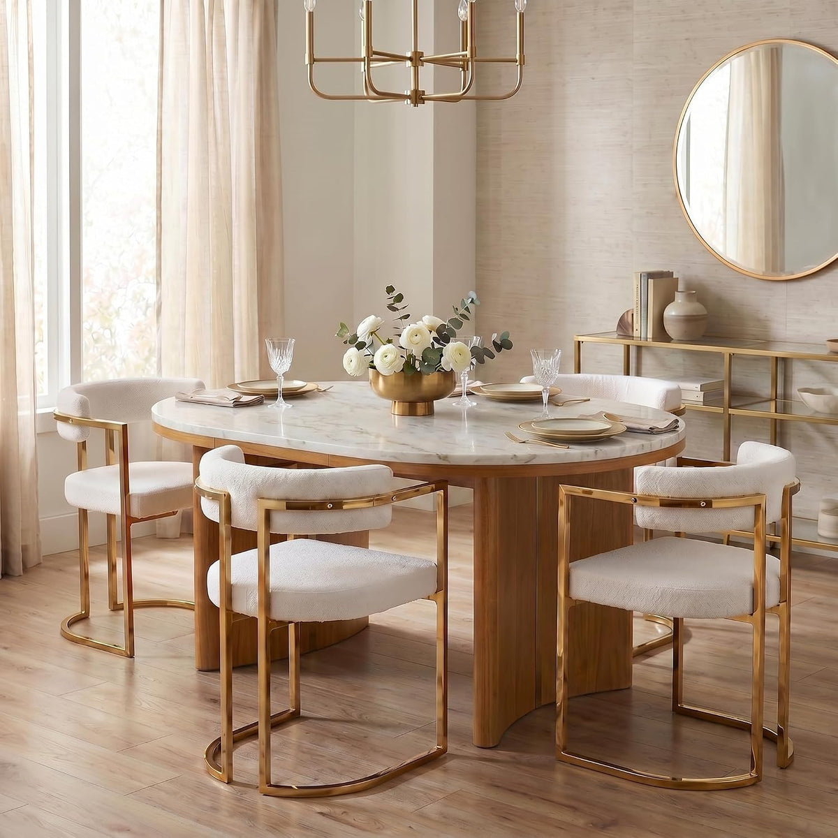 Hyfirm Boucle Dining Chairs Set of 4, Modern Barrel Upholstered Dining Room Chairs with Armrests Gold Metal Legs, Accent Kitchen Chair for Restaurant Living Room, White