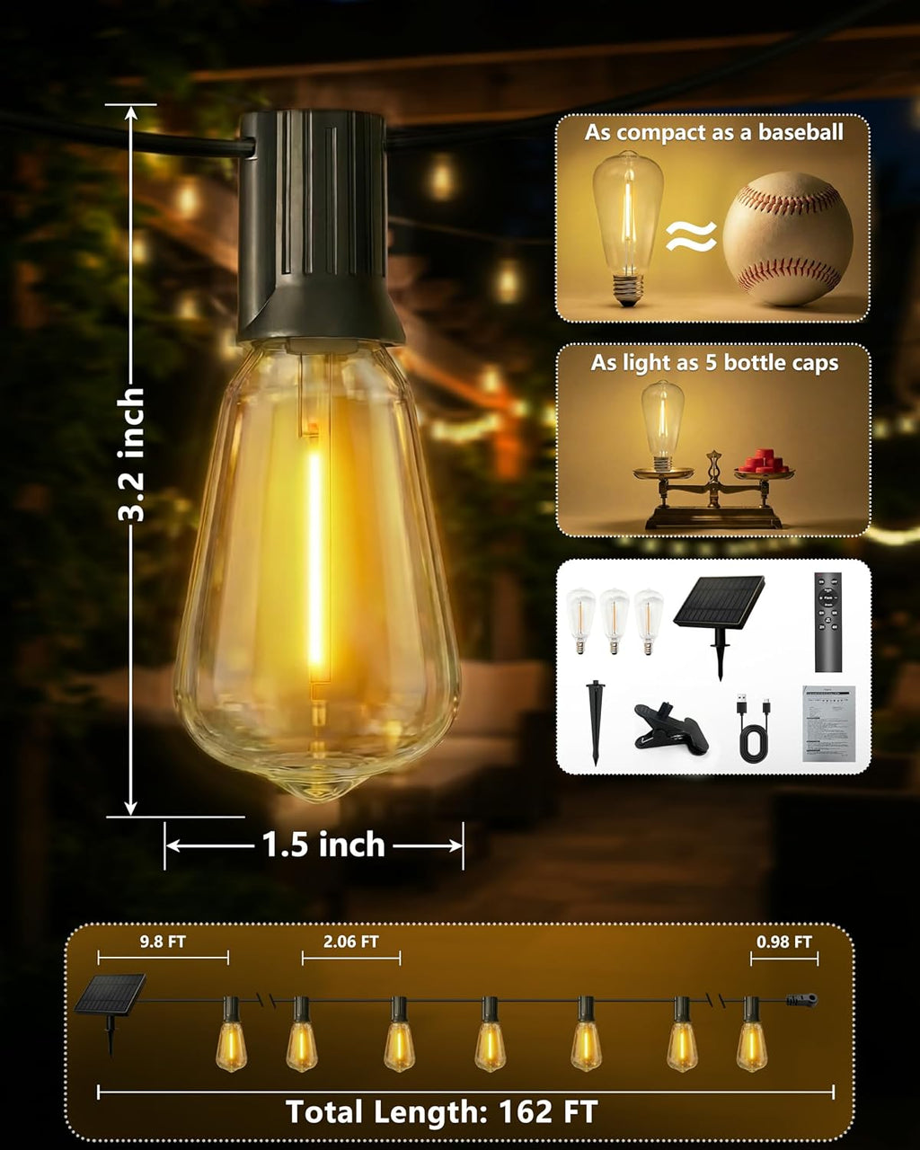 Solar String Lights Waterproof, 162FT(72+3) ST38 Outdoor Lights with Remote, Dimmable, Timer, 3 Light Modes, USB & Solar Patio Lights for Backyard, Yard, Garden, Gazebo, Fence (2700K)
