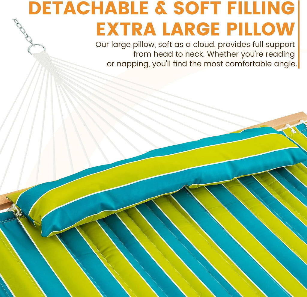 Lazy Daze Double Quilted Hammock with Pillow and Carabiners, Green Stripe