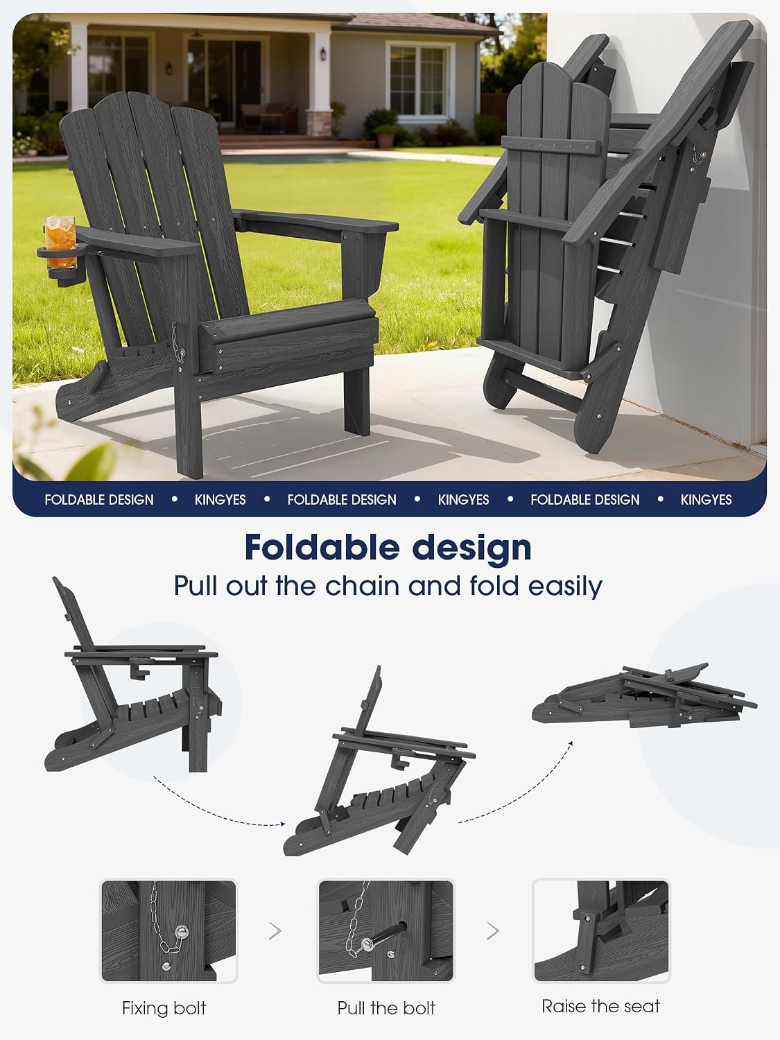 KINGYES Folding Adirondack Chair Set of 6 with Cup Holder, Grey