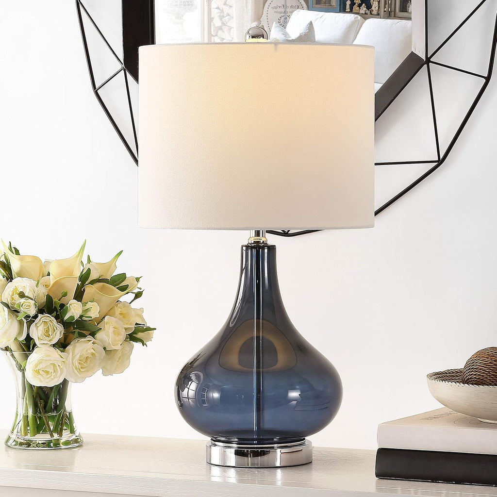 SAFAVIEH Lighting Collection – Brooks Modern Blue Glass 24-Inch Table Lamp, LED Bulb Included, Bedroom Living Room Home Office Nightstand Desk (TBL4254B)
