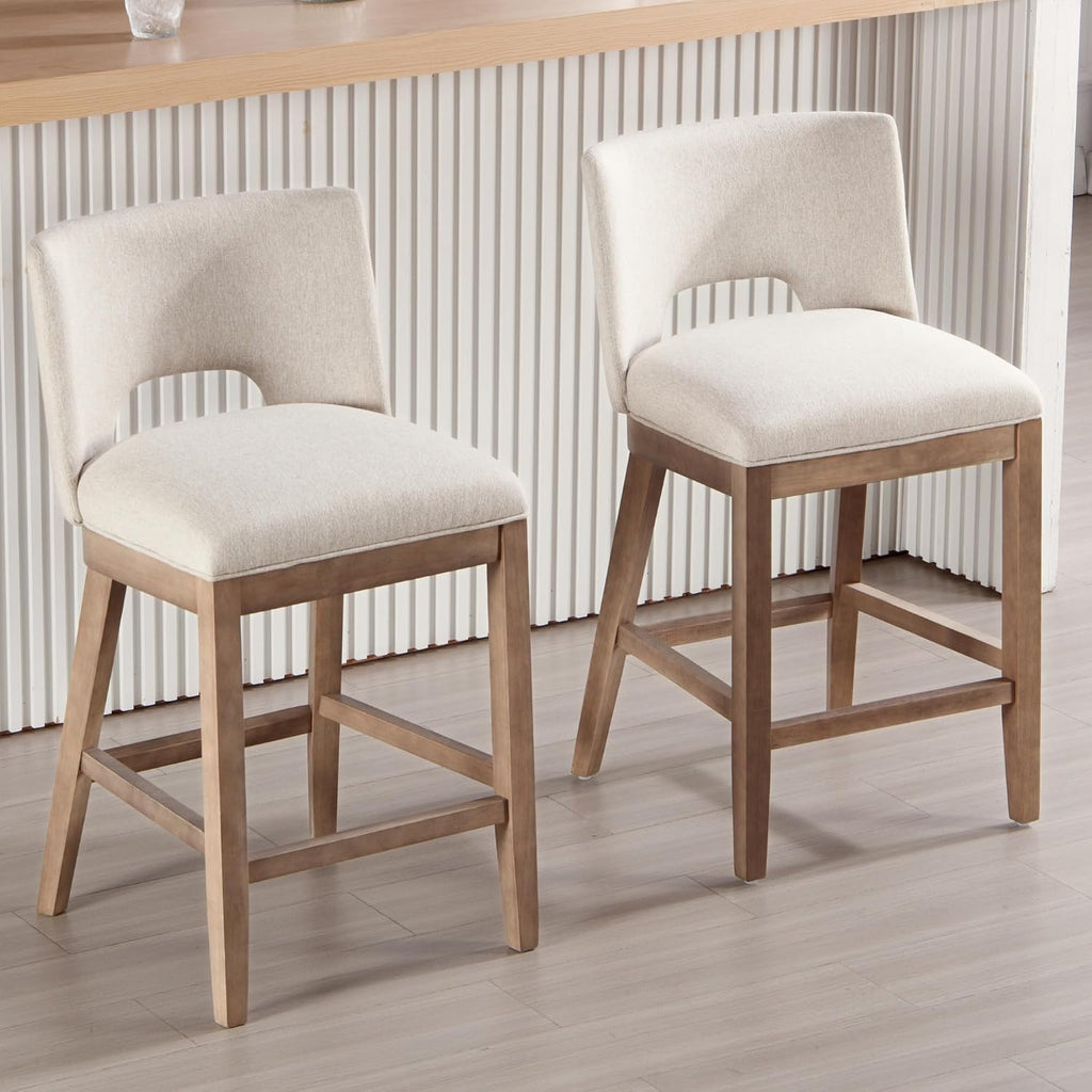 Beige Bar Stools Set of 2, 26" Farmhouse Counter Height Barstools, Linen Upholstered Armless Barstools with Open Back for Kitchen Island/Breakfast Bar/Home Pub