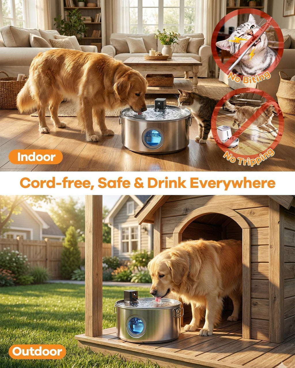 3.4G Wireless Dog Water Fountain Stainless Steel for Large Dogs Inside