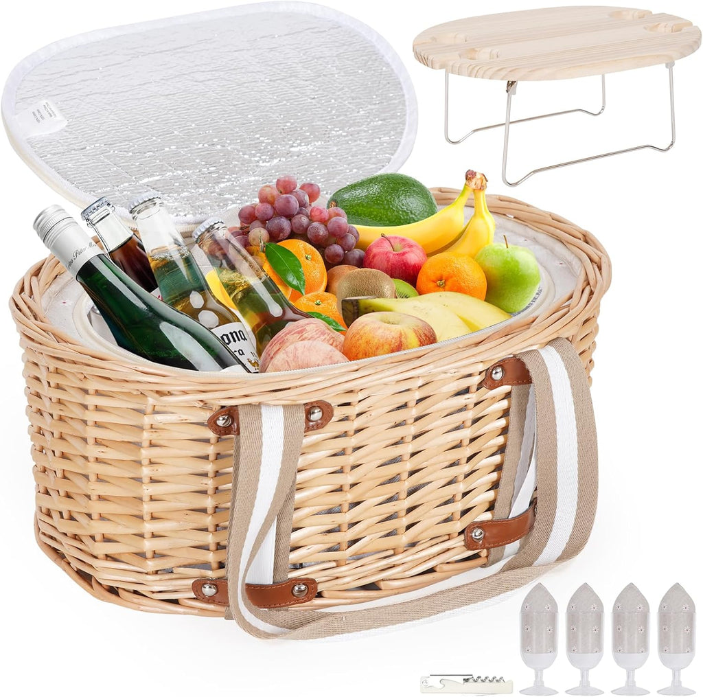Picnic Basket Set for 4 - Wicker Insulated Picnic Basket