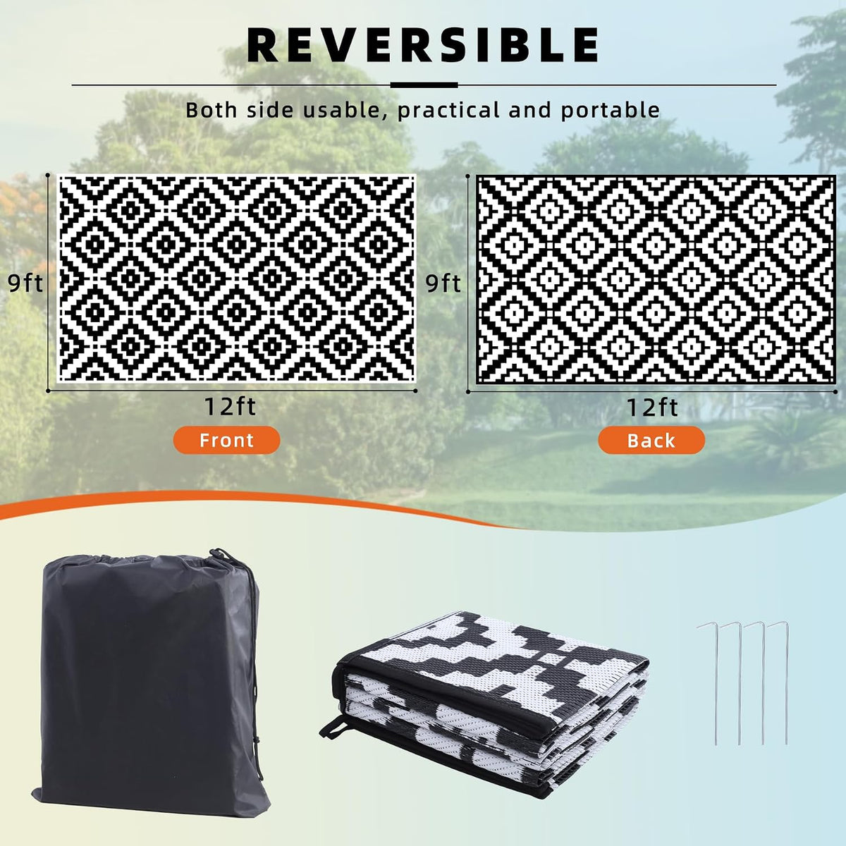 Favoyard Outdoor Rug Black & White 9x12 ft Waterproof Reversible Carpet Mat