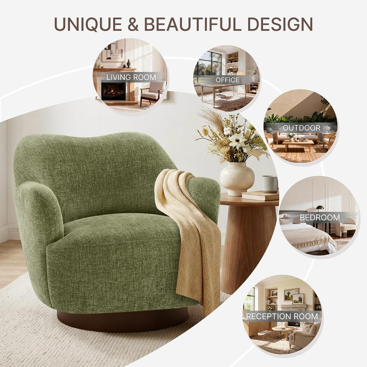KISLOT Swivel Accent Chair Set of 2,Upholstered Barrel Chair with Curves Camel Back Design,Modern Arm Chair with Wooden Base for Living Room Bedroom Reading Waitingroom,Sage Green