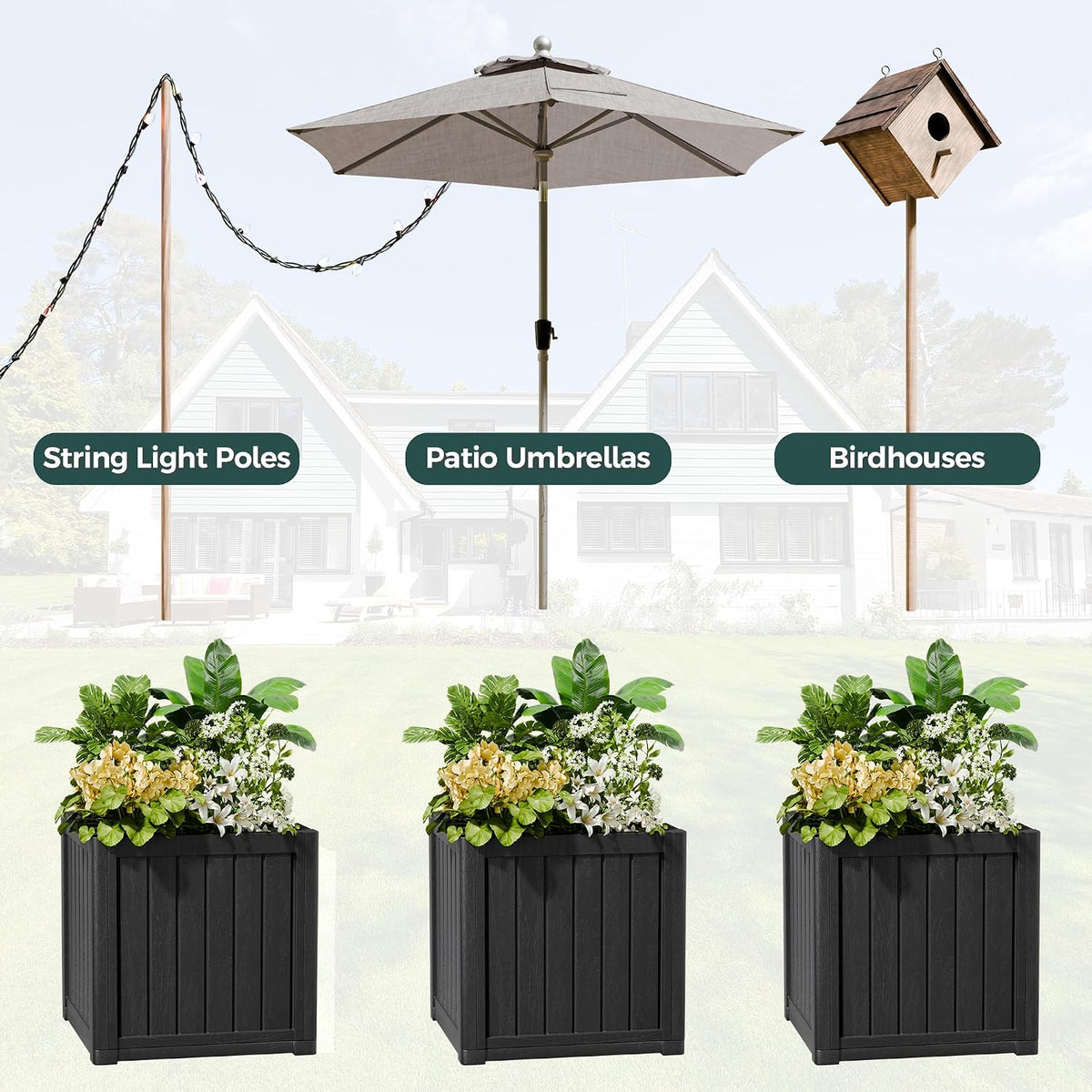 Patio Umbrella Base with 1.5" Hole, Outdoor Side Table, Planter Box, Black
