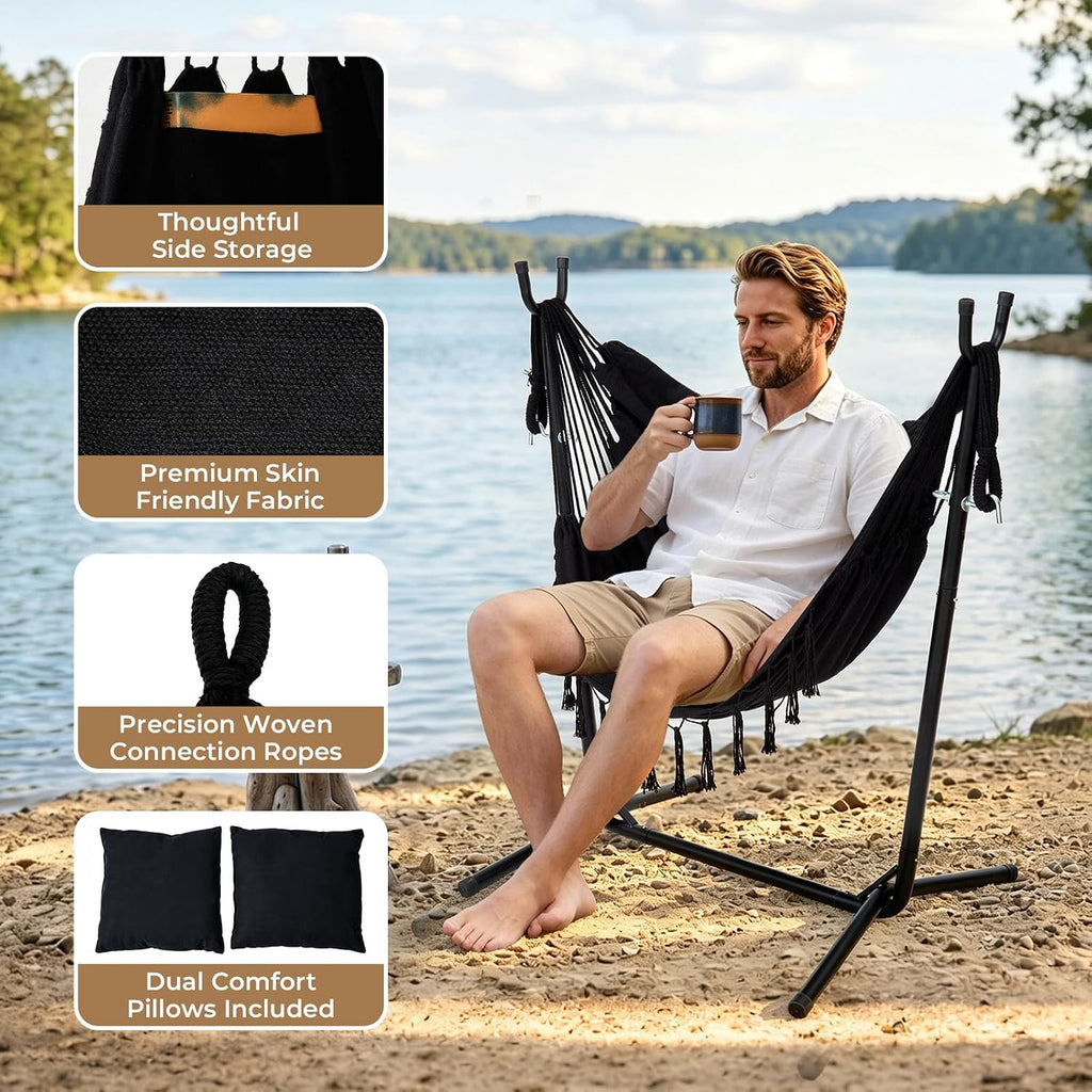 Portable Hammock Chair with Stand, Lightweight Travel Hammock Chair with Stand for Outside, 300 lbs Capacity, for Camping, Travel, Patio & Indoor Use, No Tools Needed, Includes Carrying Case