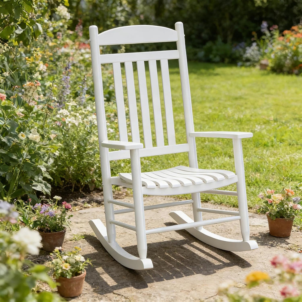 Wooden Outdoor Rocking Chair, Weatherproof Oversized Rocking Chair, Heavy Duty Comfort with 350 lbs Weight Capacity, Solid Relaxing Rocker with High Back for Patio, Porch, Living Room (white)