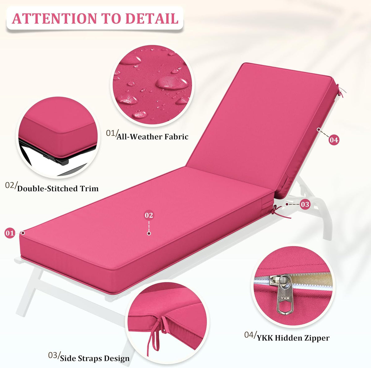 Chaise Lounge Cushions Outdoor of 4, 80 x 26 Inch Fade Resistant Ties Beach