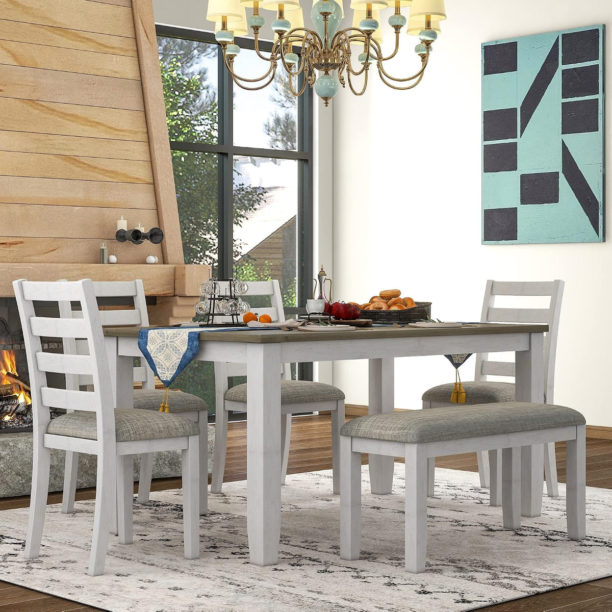 Merax 6 Piece Dining Table Set with Bench, Wooden Rectangular Dining Table with 4 Chairs & a Bench, Kitchen Dining Room Table Chairs Set (Brown + Whitewash)