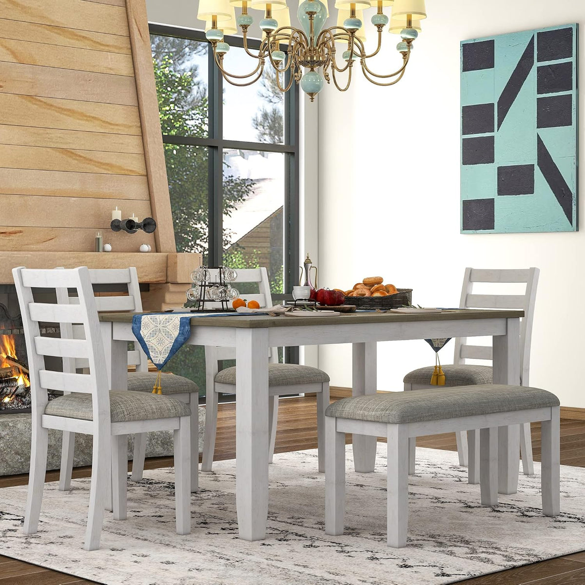 Merax Wooden Dining Table Set with Upholstered Chairs and Bench, 6-Piece Dining Room Table Set for 4-6, Brown+Whitewash