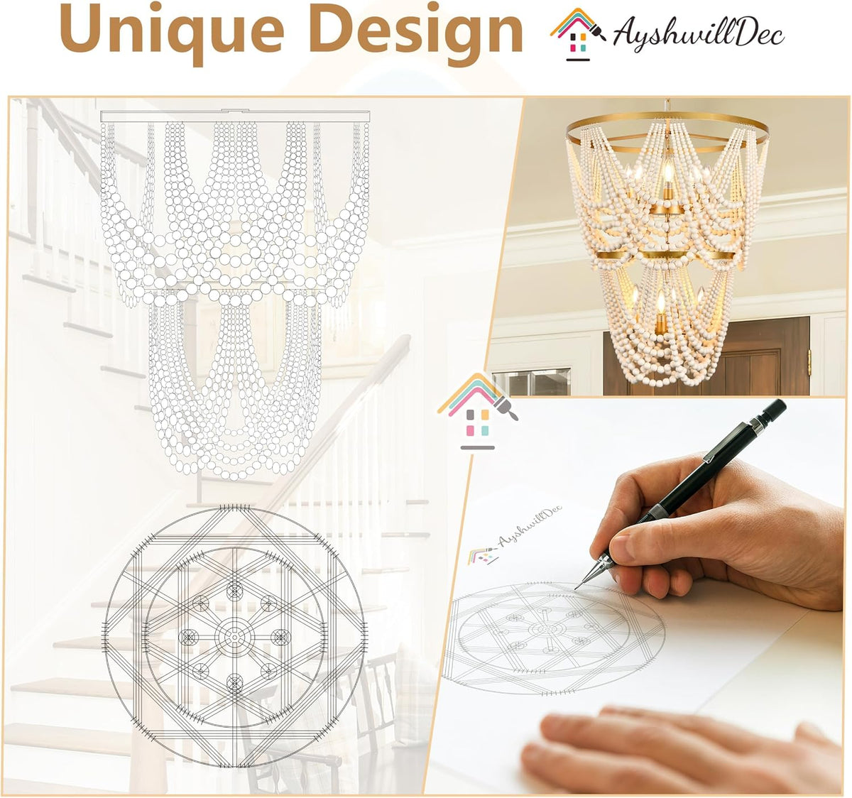 12-Light 25.6" Boho Wood Beaded Chandelier for Living Room, H88 Adjustable 2-Tier Gold Large Boho Chandelier for Entryway, Dimmable Coastal Chandeliers for Bedroom Foyer Staircase