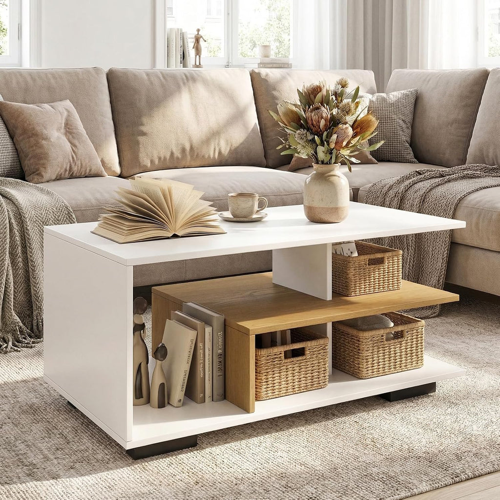 GOFLAME Rectangular Coffee Table for Living Room, 3-Tier Wood Center Table with Storage, L-Shaped Middle Shelf, Modern Accent Coffee Tables for Living Room, Reception Room, White & Natural